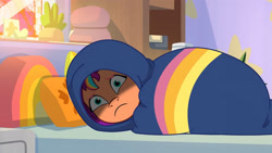 Size: 3410x1920 | Tagged: safe, imported from derpibooru, screencap, sunny starscout, earth pony, pony, spoiler:g5, spoiler:my little pony: tell your tale, spoiler:tyts01e21, bed, blanket, blanket burrito, female, frown, g5, hiding, high res, mane stripe sunny, mare, my bananas, my little pony: tell your tale, pillow, sad, solo, youtube link