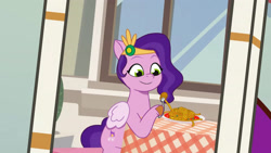 Size: 3410x1920 | Tagged: safe, imported from derpibooru, screencap, pipp petals, sunny starscout, pegasus, pony, spoiler:g5, spoiler:my little pony: tell your tale, spoiler:tyts01e21, cellphone, female, food, fork, g5, headband, high res, jewelry, mare, my bananas, my little pony: tell your tale, offscreen character, pasta, phone, plate, regalia, smartphone, smiling, solo focus, spaghetti, youtube link