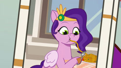 Size: 3410x1920 | Tagged: safe, imported from derpibooru, screencap, pipp petals, sunny starscout, pegasus, pony, spoiler:g5, spoiler:my little pony: tell your tale, spoiler:tyts01e21, cellphone, eating, female, food, fork, g5, headband, high res, jewelry, mare, my bananas, my little pony: tell your tale, offscreen character, pasta, phone, plate, regalia, smartphone, solo focus, spaghetti, youtube link