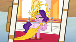 Size: 3410x1920 | Tagged: safe, imported from derpibooru, screencap, pipp petals, pegasus, pony, spoiler:g5, spoiler:my little pony: tell your tale, spoiler:tyts01e21, cellphone, clothes, crown, dress, female, g5, headdress, high res, jewelry, mare, my bananas, my little pony: tell your tale, phone, pipp petals always dresses in style, regal, regalia, smartphone, smiling, solo, youtube link