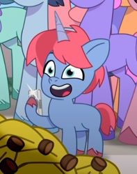 Size: 436x554 | Tagged: safe, imported from derpibooru, screencap, pony, unicorn, spoiler:g5, spoiler:my little pony: tell your tale, spoiler:tyts01e21, background pony audience, banana, cellphone, colt, cropped, foal, food, g5, kazoo (g5), male, my bananas, my little pony: tell your tale, phone, plum library, smartphone, solo focus, sugarpuff lilac, unnamed character, unnamed pony