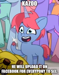 Size: 500x635 | Tagged: safe, edit, edited screencap, imported from derpibooru, screencap, pony, unicorn, spoiler:g5, spoiler:my little pony: tell your tale, spoiler:tyts01e21, banana, caption, cellphone, colt, cropped, foal, food, g5, image macro, kazoo (g5), male, my bananas, my little pony: tell your tale, phone, plum library, smartphone, sugarpuff lilac, text