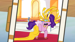 Size: 3410x1920 | Tagged: safe, imported from derpibooru, screencap, pipp petals, pegasus, pony, spoiler:g5, spoiler:my little pony: tell your tale, spoiler:tyts01e21, cellphone, clothes, crown, dress, eyes closed, fail, female, g5, headdress, high res, jewelry, majestic as fuck, mare, my bananas, my little pony: tell your tale, open mouth, phone, regalia, smartphone, solo, stumbling, youtube link