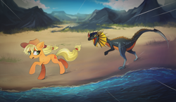 Size: 1550x900 | Tagged: safe, artist:skyeypony, imported from derpibooru, applejack, dinosaur, earth pony, pony, solo