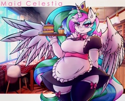 Size: 3401x2765 | Tagged: safe, artist:canvymamamoo, imported from derpibooru, princess celestia, alicorn, anthro, big breasts, blushing, breasts, busty princess celestia, cafe, cake, cake slice, chair, clothes, cuffs (clothes), cupcake, ear fluff, eyebrows, eyebrows visible through hair, eyeshadow, female, food, heart, heart eyes, holding, jewelry, lidded eyes, looking at you, maid, maidlestia, makeup, regalia, serving tray, smiling, smug, solo, spread wings, stockings, table, thigh highs, wide hips, wingding eyes, wings