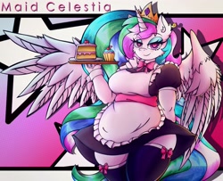 Size: 3401x2765 | Tagged: safe, alternate version, artist:canvymamamoo, imported from derpibooru, princess celestia, alicorn, anthro, abstract background, big breasts, blushing, breasts, busty princess celestia, cake, cake slice, clothes, cuffs (clothes), cupcake, ear fluff, eyebrows, eyebrows visible through hair, eyeshadow, female, food, heart, heart eyes, holding, jewelry, lidded eyes, looking at you, maid, maidlestia, makeup, regalia, serving tray, smiling, smug, solo, spread wings, stars, stockings, thigh highs, wide hips, wingding eyes, wings