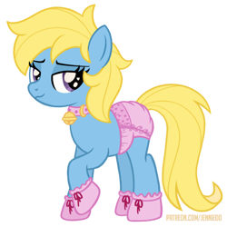 Size: 1000x1001 | Tagged: safe, artist:jennieoo, imported from derpibooru, oc, oc:cream, earth pony, pony, bell, bell collar, collar, diaper, looking at you, mittens, non-baby in diaper, patreon, patreon reward, show accurate, simple background, sketch, smiling, smiling at you, solo, transparent background