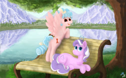 Size: 1280x800 | Tagged: safe, artist:maslivka, imported from derpibooru, cozy glow, diamond tiara, earth pony, pegasus, pony, :3, bench, butt, lake, mountain, plot, smiling, spread wings, water, wings