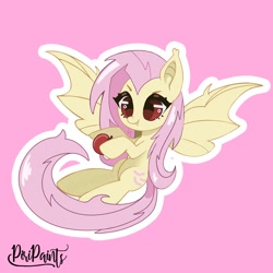 Size: 1200x1200 | Tagged: safe, artist:piripaints, imported from derpibooru, fluttershy, bat pony, apple, bat ponified, chibi, cute, flutterbat, food, herbivore, pink background, race swap, shyabates, shyabetes, signature, simple background, solo, spread wings, wings