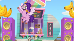 Size: 3410x1920 | Tagged: safe, imported from derpibooru, screencap, pipp petals, pegasus, pony, spoiler:g5, spoiler:my little pony: tell your tale, spoiler:tyts01e21, balloon, banana, female, flying, food, g5, headband, high res, jewelry, mare, microphone, my bananas, my little pony: tell your tale, open mouth, open smile, regalia, smiling, solo, speaker, spread wings, wings, youtube link