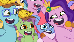 Size: 3410x1920 | Tagged: safe, imported from derpibooru, screencap, pipp petals, earth pony, pegasus, pony, spoiler:g5, spoiler:my little pony: tell your tale, spoiler:tyts01e21, banana, colt, facial hair, female, flying, foal, food, g5, glasses, headband, high res, jewelry, kazoo (g5), male, mare, microphone, my bananas, my little pony: tell your tale, open mouth, open smile, regalia, skysport, smiling, spread wings, stallion, wings, youtube link