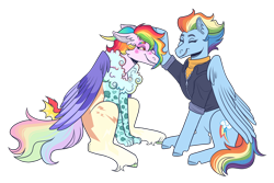 Size: 3300x2200 | Tagged: safe, artist:kikirdcz, imported from derpibooru, rainbow dash, oc, oc:rainbow storm, draconequus, pegasus, pony, clothes, draconequus oc, duo, duo female, eyebrows, eyes closed, female, folded wings, grin, high res, jacket, mare, older, older rainbow dash, patting, simple background, sitting, smiling, transparent background, wings