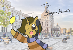 Size: 1280x885 | Tagged: safe, artist:foxy1219, imported from derpibooru, oc, oc only, oc:sagiri himoto, human, pony, unicorn, brown coat, city, clothes, ears, ears up, food, gift art, headphones, irl, lemon, looking at you, lviv, one eye closed, photo, photography, ponies in real life, scarf, smiling, solo, sweater, ukraine, waving, waving at you, wink