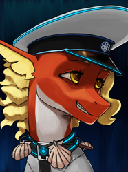 Size: 3120x4200 | Tagged: source needed, safe, artist:neither, imported from derpibooru, oc, oc only, oc:posada, seapony (g4), equestria at war mod, bust, clothes, female, happy, jewelry, mare, military, military uniform, necklace, portrait, seapony oc, seashell necklace, smiling, uniform, uniform hat, yellow eyes, yellow mane