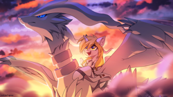Size: 3000x1688 | Tagged: safe, artist:redchetgreen, imported from derpibooru, oc, oc only, pony, reshiram, unicorn, cloud, duo, high res, horn, legendary pokémon, open mouth, pokémon, signature, sky, unicorn oc, wings