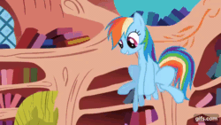Size: 640x360 | Tagged: safe, imported from derpibooru, screencap, rainbow dash, twilight sparkle, pegasus, pony, unicorn, dragonshy, season 1, animated, butt, context is for the weak, duo, duo female, eyes closed, female, flying, gif, gifs.com, golden oaks library, magic, mare, open mouth, plot, rainbow douche, smiling, spread wings, telekinesis, unicorn twilight, wings