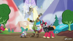 Size: 640x360 | Tagged: safe, imported from derpibooru, screencap, big macintosh, discord, spike, draconequus, dragon, pony, unicorn, dungeons and discords, season 6, animated, captain wuzz, dice, dungeons and dragons, eyes closed, garbuncle, gif, gifs.com, male, ogres and oubliettes, open mouth, open smile, race swap, sir mcbiggen, smiling, staff, stallion, trio, unicorn big mac