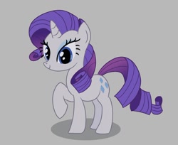 Size: 1258x1025 | Tagged: safe, artist:mandumustbasukanemen, imported from derpibooru, rarity, atg 2022, gray background, looking at you, newbie artist training grounds, raised hoof, simple background, smiling, solo, standing
