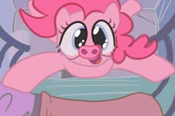 Size: 2724x1805 | Tagged: safe, artist:mandumustbasukanemen, imported from derpibooru, pinkie pie, atg 2022, bed, bedroom, jumping, looking at you, newbie artist training grounds, pig nose, piggie pie, solo