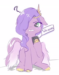 Size: 1800x2313 | Tagged: safe, artist:lachoowoo, imported from derpibooru, pipp petals, pegasus, pony, adorapipp, cellphone, cute, female, g5, headband, jewelry, phone, photo, question mark, regalia, send nudes, simple background, smartphone, solo, speech bubble, unshorn fetlocks, white background