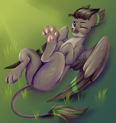 Size: 3600x3800 | Tagged: safe, artist:ske, imported from derpibooru, oc, oc only, griffon, grass, green eyes, griffon oc, one eye closed, paw pads, paws, solo, toe beans, underpaw, wings, wink