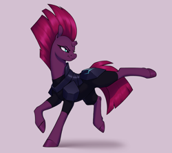 Size: 3600x3200 | Tagged: safe, artist:aquaticvibes, imported from derpibooru, tempest shadow, pony, unicorn, armor, broken horn, female, frown, glare, horn, horses doing horse things, kicking, looking back, mare, raised hoof, scar, simple background, solo, white background