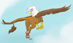 Size: 1280x751 | Tagged: safe, artist:crimes, imported from derpibooru, gilda, griffon, butt, colored, cute, feet, female, flying, foot focus, gildadorable, gildonk, looking at you, looking back, paw pads, paws, plot, simple background, solo, spread wings, tail, talons, wings