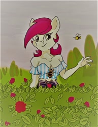 Size: 738x957 | Tagged: safe, artist:furryfantan, imported from derpibooru, roseluck, anthro, bee, earth pony, insect, bare shoulders, breasts, cleavage, clothes, cloud, cloudy, female, flower, looking at you, mare, midriff, outdoors, raised arm, rose, sleeveless, smiling, smiling at you, solo, strapless, tree, tube top