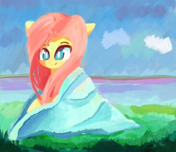 Size: 2480x2155 | Tagged: safe, artist:solid shrimp, imported from derpibooru, fluttershy, pegasus, pony, lake, scenery, solo, towel, water, wet