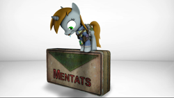 Size: 3840x2160 | Tagged: safe, artist:egr1n, imported from derpibooru, oc, oc only, oc:littlepip, pony, unicorn, fallout equestria, 3d, armor, bag, belt, brown mane, brown tail, button, clothes, drool, drugs, eyelashes, female, green eyes, happy, horn, nose wrinkle, pipbuck, scrunchy face, secret, secret text, shadow, shield, simple background, solo, source filmmaker, tail, text, tongue out, uniform, vault suit, water, white background
