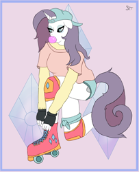 Size: 1300x1600 | Tagged: safe, artist:schumette14, imported from derpibooru, rarity, anthro, alternate hairstyle, bubblegum, disguise, food, gum, plainity, roller
