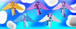 Size: 1280x487 | Tagged: safe, artist:katja060902, imported from derpibooru, rarity, starlight glimmer, sunset shimmer, trixie, twilight sparkle, alicorn, anthro, alicornified, clothes, flying, jetpack, leotard, race swap, raricorn, shimmercorn, sky, sky background, starlicorn, trixiecorn, twilight sparkle (alicorn)