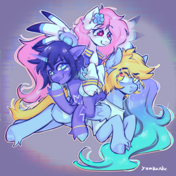 Size: 3500x3500 | Tagged: safe, artist:yumkandie, imported from derpibooru, oc, oc only, oc:asteria, oc:blue skies, alicorn, pegasus, pony, alicorn oc, chest fluff, clothes, commission, dogpile, ear fluff, female, high res, horn, jacket, lying down, male, pegasus oc, shirt, trio, unshorn fetlocks, varsity jacket, wings