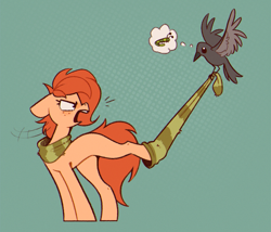 Size: 1004x858 | Tagged: safe, artist:rexyseven, imported from derpibooru, oc, oc only, oc:rusty gears, bird, pony, annoyed, clothes, open mouth, pulling, scarf, sock, socks, solo, striped socks