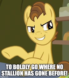 Size: 500x566 | Tagged: safe, edit, edited screencap, imported from derpibooru, screencap, grand pear, earth pony, the perfect pear, caption, cropped, image macro, imgflip, james t kirk, male, solo, stallion, star trek, text, voice actor joke, william shatner