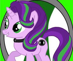 Size: 977x818 | Tagged: safe, artist:thewalrusclown, imported from derpibooru, starlight glimmer, pony, unicorn, alternate cutie mark, ben 10, crossover, female, green eyes, horn, mare, omnitrix, raised hoof, smiling