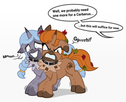 Size: 2050x1650 | Tagged: safe, artist:nxzc88, imported from derpibooru, oc, oc only, dog, dog pony, original species, pony, unicorn, angry, bondage, chest fluff, collar, commission, dialogue, dog collar, duo, ear fluff, female, fetish, floppy ears, forced, forced smile, glue, grin, gritted teeth, implied transformation, leaves, mare, muffled words, offscreen character, simple background, smiling, speech bubble, stuck together, teeth, white background