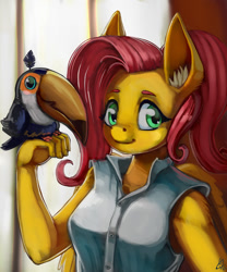 Size: 1000x1200 | Tagged: safe, artist:lexx2dot0, imported from derpibooru, fluttershy, anthro, bird, pegasus, toco toucan, toucan, beak, bust, ear fluff, female, solo, wings