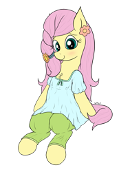 Size: 961x1274 | Tagged: safe, artist:wapamario63, imported from derpibooru, fluttershy, pegasus, pony, alternate hairstyle, blushing, chest fluff, clothes, colored, cute, dress, female, flat colors, flower, looking at you, mare, pants, shyabetes, simple background, sitting, solo, transparent background