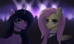 Size: 2997x1800 | Tagged: safe, artist:tanatos, imported from derpibooru, fluttershy, izzy moonbow, pegasus, pony, unicorn, choker, concert, duo, duo female, female, fluttergoth, g5, goth, goth izzy, makeup, mare, spiked choker