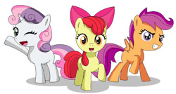 Size: 790x425 | Tagged: safe, artist:koopa-master, imported from derpibooru, apple bloom, scootaloo, sweetie belle, earth pony, pegasus, pony, unicorn, 2011, apple bloom's bow, bow, cutie mark crusaders, female, filly, foal, hair bow, simple background, white background