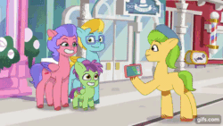 Size: 640x360 | Tagged: safe, imported from derpibooru, screencap, sunny starscout, earth pony, pegasus, pony, spoiler:g5, spoiler:my little pony: tell your tale, spoiler:tyts01e21, animated, banana, cellphone, colt, female, foal, food, g5, glasses, hat, helmet, male, mare, my bananas, my little pony: tell your tale, oops, phone, photobomb, smartphone, stallion