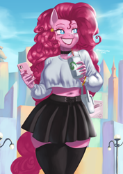 Size: 1754x2480 | Tagged: safe, artist:nire, imported from derpibooru, pinkie pie, anthro, bag, belly button, big breasts, breasts, choker, city, clothes, cloud, cup, curly hair, curvy, drink, ear piercing, earring, eyelashes, eyeliner, eyeshadow, female, jewelry, lamppost, lipstick, looking away, makeup, manehattan, midriff, nail polish, phone, piercing, skirt, smiling, socks, solo, stockings, sweater, thigh highs, thighs, thunder thighs, zettai ryouiki