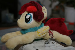 Size: 1000x677 | Tagged: safe, artist:bastler, imported from derpibooru, oc, oc only, oc:aurora harmony, pegasus, pony, female, headphones, irl, mare, neckerchief, photo, plushie, sewing machine, solo