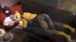 Size: 3840x2160 | Tagged: safe, artist:seriff-pilcrow, imported from derpibooru, daring do, oc, oc:phillip finder, anthro, earth pony, pegasus, unguligrade anthro, 3d, alternative cutie mark placement, cabin, canon x oc, clothes, couch, crepuscular rays, cuddling, denim, female, hat, holding hands, jeans, male, missing accessory, muscles, pants, phiring, pillow, pith helmet, scar, shipping, shirt, shoulder cutie mark, snuggling, source filmmaker, straight, t-shirt, tanktop, trilby, window