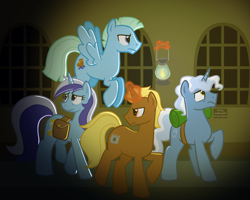 Size: 2500x2000 | Tagged: safe, artist:queertrixie, imported from derpibooru, minuette, pokey pierce, oc, oc:marbles, oc:solace, pegasus, pony, unicorn, bag, fanfic art, female, group, lantern, magic, male, mare, saddle bag, stallion