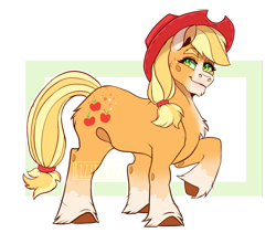 Size: 1900x1600 | Tagged: safe, artist:lizzielass, edit, editor:edits of hate, imported from twibooru, applejack, earth pony, pony, alternate design, chest fluff, colored ears, colored hooves, facial markings, female, freckles, hoof fluff, image, mare, png, raised hoof, smiling, socks (coat marking), solo, standing, traditional art, unshorn fetlocks, white outline