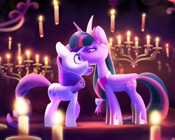 Size: 1656x1330 | Tagged: safe, artist:dawnfire, rarity, twilight sparkle, alicorn, pony, unicorn, fanfic:the enchanted carousel, candle, crown, fanfic art, female, hoof shoes, horn, jewelry, lesbian, mare, peytral, rarilight, regalia, shipping, twilight sparkle (alicorn), watermark, wings