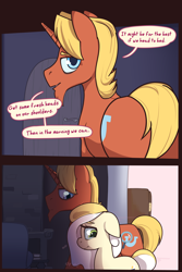 Size: 3000x4500 | Tagged: safe, artist:storyteller, imported from derpibooru, oc, oc:hard boiled, oc:sunny side, earth pony, pony, unicorn, comic:eavesdrop, about to cry, comic, facial hair, female, frown, goatee, male, mare, stallion, teary eyes