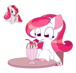 Size: 1436x1372 | Tagged: safe, artist:sidruni, imported from derpibooru, plumsweet, earth pony, pony, drinking, headband, hooves on the table, looking down, milkshake, simple background, solo, table, toy, toy interpretation, white background